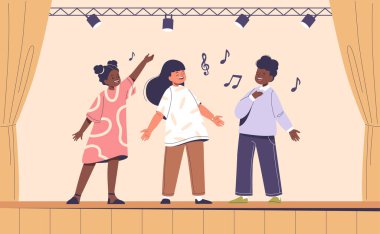 Sahnede koroda şarkı söyleyen üç mutlu çocuk tasviri. Arka planda müzikal notalar ve sahne ışıkları neşeyi, arkadaşlığı ve müzik tutkusunu temsil ediyor.