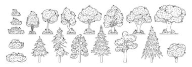 El yapımı ağaçlar ve siyah-beyaz çalılar koleksiyonu. Doğrusal İllüstrasyon Özellikleri Ağaçların ve Çalıların Çeşitli Türleri, Tasarım Projeleri, Eğitimsel Amaçlar veya Doğayla İlgili Temalar İçin Mükemmel