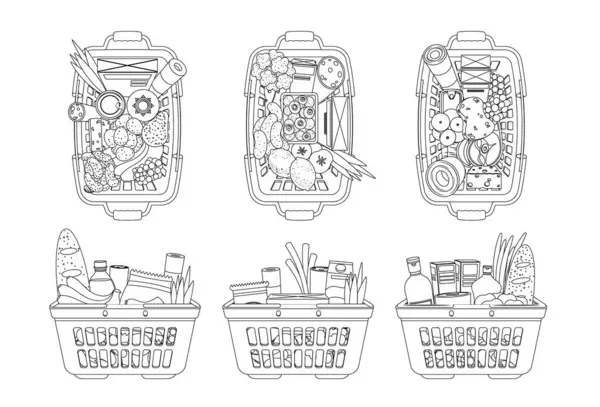 stock vector Black And White Food Baskets Filled With Various Groceries. Vector Outline Image Showcases Fruits, Vegetables, Bread, And Packaged Goods, Providing A Detailed Linear View Of Different Food Items