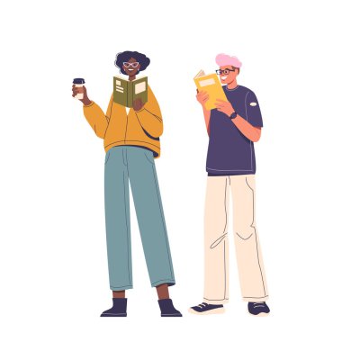 Kitap okurken eğlenen iki kişinin görüntüsü. Bir kişi elinde kahve fincanı tutuyor, rahatlama ve rahatlama belirtisi. Vector Image Eğitim, Rahatlama ve Keyif Konseptini Taşıdı