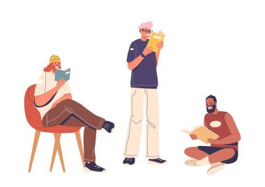 Üç arkadaş birlikte vakit geçiriyorlar, kitap okuyorlar. Görüntü bir rahatlama, öğrenme ve arkadaşlık duygusu taşır. Okuma, arkadaşlık ve boş zaman aktiviteleriyle ilgili konular için ideal