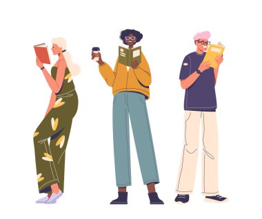 Kitap okumaktan zevk alan üç farklı karakter, meşgul ve rahat insanlar, okuma ve öğrenmenin zevkini yakalıyorlar. Resim Eğitim, Rahatlama ve Entellektüel İlişki Kavramlarını Taşımaktadır