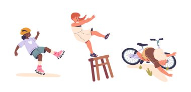 Çocuklar patenle kaymak, taburede oynamak ve bisiklete binmek gibi farklı aktivitelerle uğraşırken Şelaleleri deneyimliyor. Çocukluk oyununda meydana gelebilecek kazaların ve olası yaralanmaların görüntüsü