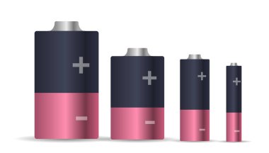 Beyaz arka planda izole edilmiş farklı boyutlarda ve tipte piller. Enerji, Güç ve Elektrik Deposu kavramı. Teknoloji, Elektronik ve Enerji Kaynaklarıyla İlgili Konular İçin İdeal