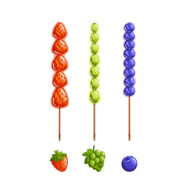 Renkli Tanghulu Sokak Yemekleri Çilekli Meyve Şişleri, Üzüm, Yabanmersini. Gerçekçi 3d Vektör İllüstrasyonu Geleneksel Çin Atıştırmaları Mutfak ve Kültürel Temalar Gösterimi İçin Mükemmel