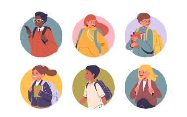 Ayrı Vektör Yuvarlak Simgeleri veya Çeşitli Çizgi Roman Öğrencileri ve Öğrenci Karakterleri ile Görseller Okula Kitap ve Sırt çantalarıyla Yürüyor, Eğitimi, Öğrenmeyi ve Arkadaşlık Temalarını Sembolize Ediyor