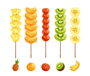 Çeşitli meyveli ananas, portakal, vişneli domates, kivi ve muz tanghulu sokak yemeği olarak sunuluyor. Gerçekçi 3D Vektör İllüstrasyonu Gıda, Sağlık ve Asya Mutfağı Temaları İçin Mükemmel