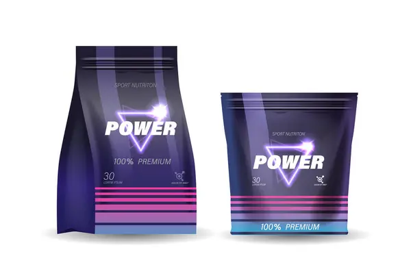 stock vector Professional 3d Vector Mockup Of Sport Nutrition Packaging For Protein Powder Branding. Vibrant Realistic Design With Purple Colors And Geometric Patterns For Fitness, Health And Supplements Marketing