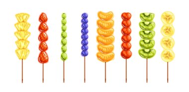 Ananas, Çilek, Mandarin ve Kiwi de dahil olmak üzere çeşitli meyveler içeren canlı Tanghulu Şişleri. Geleneksel Çin Sokak Yemekleri, Mutfak ve Kültürel Temalar İçin Mükemmel