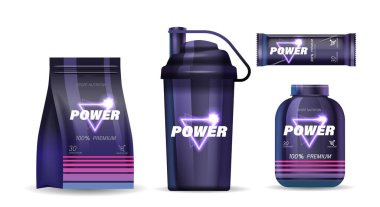 Protein Tozu Torbası, Shaker Şişe, Protein Çubuğu ve Destek Kavanozu 'nu içeren Spor Beslenme Ürünleri. Yüksek kalite, kaliteli ambalaj 3d Sporcular ve Sporcular İçin Vektör Tasarımı