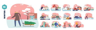 Tipik kış görevleri ve etkinlikleri arasında ağaç taşımak, buz pateni ve kar küreme dahil olmak üzere çeşitli karikatür sahneleri gösteriliyor. Soğuk Mevsimin Mevsimsel Kavramsal Özü