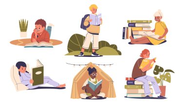 Çocuklar çeşitli pozlar ve ayarlarla okumayı seviyorlar. Çizgi film Vektör İllüstrasyonu Kitaplı Çocukları Açıklıyor, Rahat Okuma Faaliyetlerine Katılıyor, Merakı ve Öğrenme Sevgisi Vurguluyor