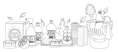 Çevre dostu çeşitli temizlik ürünleri ve aletlerinin Siyah ve Beyaz Lineer Vektör İllüstrasyonu. Soda, fırça, sünger, eldiven ve geri dönüşüm sembollü şişeler. Sürdürülebilirlik Kavramları İçin Mükemmel