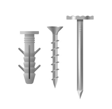 Duvar tıkacı, vida, çivi, inşaat, donanım ve Diy projeleri dahil olmak üzere üç farklı Fastener. Kılavuzlar, Rehberler ve Eğitimsel Malzemeler İçin Gerçekçi 3d Vektör İllüstrasyonu