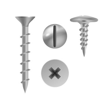 Metalik vidalar ve Yassıkafa ve Crosshead Tasarımları da dahil olmak üzere Fasteners. İnşaat, onarım ve tasarım projeleri için mükemmel. Teknik ve Mühendislik Maksatları için Gerçekçi 3D Vektör İlülasyonu