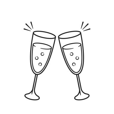 Kutlamada birbirine çarpan iki şampanya kadehi. Vector Doodle İllüstrasyonu, kutlama davetiyeleri ve parti dekorasyonları için mükemmel. Basit ama zarif bir tasarımla Neşe ve Kutlamayı yakalar
