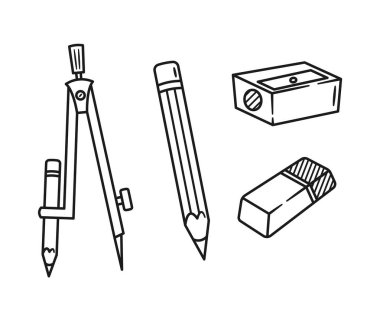 El Yazması Okul Kırtasiyesi Kalem, Silgi, Pusula ve Keskinleştirici. Eğitim ve Yaratıcı Projeler için Tek Renkli Siyah ve Beyaz Vektör İlülasyonu. Tarz ve Basit Tasarım Elementleri
