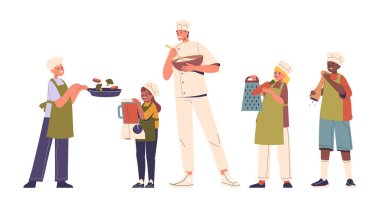 Beyaz arka planda izole edilmiş eğlenceli ve etkileşimli aktivitelerle çocuklara temel aşçılık becerilerini öğreten profesyonel bir aşçıyla çocuklara yemek pişirme dersleri. Çizgi film Vektör İllüstrasyonu
