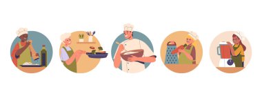 İzole edilmiş Vektör Yuvarlak Simgeleri ya da Çizgi Çocuk Karakterleri Mutfak ortamında aşçıyla yemek pişirmeyi öğrenirken eğlenen Görseller. Çizgi film Vektör Öğrencileri Çeşitli Yemek Etkinlikleri Yapıyor