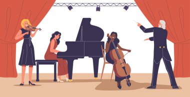 Müzisyenlerle Senfoni Orkestrası Keman, Piyano ve Çello Çalıyor. Kondüktör sahnede grubu yönetiyor. Zarif Ayarlardaki Müzikal Konser. Çizgi film Vektör İllüstrasyonu