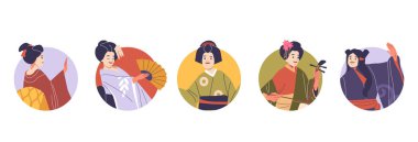 Geleneksel giysiler ve saç aksesuarları içinde dans eden ve müzik enstrümanları çalan zarif Japon kadınları. Karikatür Japon Karakterleri ile İzole Vektör Elementleri Yuvarlak Simgeler veya Görseller