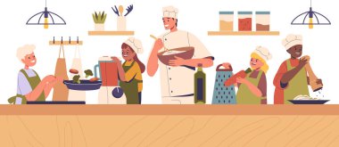 Profesyonel Aşçı Eğitmeniyle Çocuk Aşçılık Sınıfı. Mutfakta Mutluluk Öğrenme, Tabakları Hazırlama, Sebze Doğrama ve İçindekileri Karıştırma. Çizgi film Vektör İllüstrasyonu.