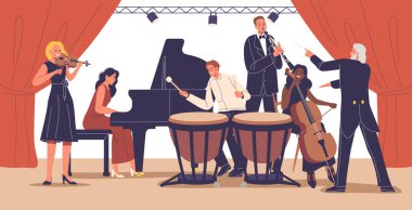 Sahnede orkestra şefiyle performans sergileyen müzisyenler. Çizgi film Vector Illustration Depicts Violinist, Pianist, Timpanist, Klarinetist ve Çellist Filarmoni Sahnesi 'nde Birlikte Uyum içinde Çalıyor