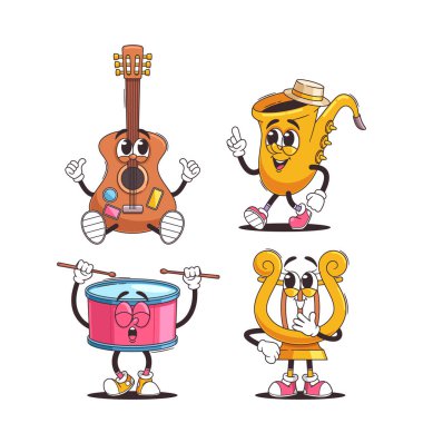 Neşeli Müzik Enstrümanları Çizgi Karakterleri. Retro Style Yüzleri İfade Eden Karakterler. Vektör İllüstrasyonunda gitar, davul, saksafon ve eğlenceli ve oyuncu yüzlü Lyre sahne almaya hazır.