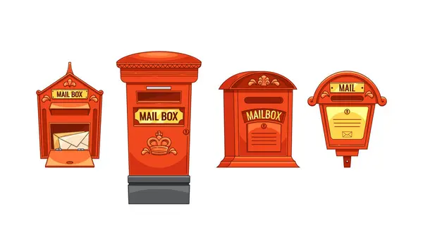 stock vector Set Of Classic Red Mailboxes With Mail And Letters, Each Featuring Different Designs And Labels, Crown Emblem and Slots, Representing Traditional Postal Systems of Britain. Cartoon Vector Illustration