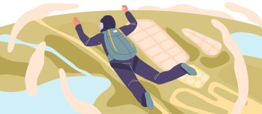 Paraşütçü, Manzaranın Ortasında İniş Ekipmanı ve Miğfer Üstü Görünümü Giyiyor. Modern ve Çekici Çizgi film Vektör İllüstrasyonu Hava Macerası ve Aşırı Spor Hevesini Gösteriyor