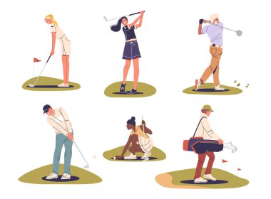 Golf oynayan ve golf sahasında çeşitli aktivitelere katılan insanlar. Çeşitli Karakterler Farklı Pozisyonlar ve Hareketler Gösteriyor. Çizgi film Vektör İllüstrasyonu Spor ve Eğlence Temaları İçin Mükemmel
