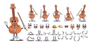 Cartoon Animated Violin with a Bow. Musical Instrument Character with Different Emotions And Gestures, Complete With Props Like Hats And Glasses For Customization. Fun And Playful Vector Illustration clipart