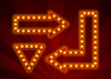 Işıklı oklar ve karanlık bir arkaplanda üçgenler içeren parlak Retro Ampul İşaretleri. Klasik Parlak ve Göz alıcı İmza, Reklam elementleri Nostaljik ve Klasik Atmosfer Oluştur