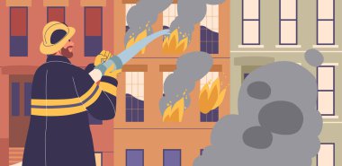 Yanan Bina Cephesi 'ndeki alevleri söndürmek için cesurca çalışan itfaiyeci. İtfaiyeci yüksek basınçlı hortumu çalıştırırken binadan duman yükseliyor. Şehir merkezinde yangın söndürme yoğunluğunu yakaladı.