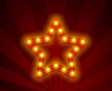 Parlak sarı ışıklarla parıldayan Marquee Star Frame 'in karanlık, ışıl ışıl bir arka planı var. Vector Tiyatrosu ve Şov Dünyası Yıldızı Ilık yayıyor, Parıldıyor, Kutlama ve Retro Cazibe hissi uyandırıyor