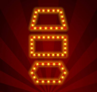 Canlı Retro Çerçeveler Geometrik Şekiller ve Parlayan Ampuller Parlak Kırmızı Arkaplan Arkaplanıyla Geliştirilmiş. Nostaljik ve enerjik bir atmosfer sunmak Tiyatro İşaretleri ya da Klasik Dekor Kavramları İçin Mükemmel