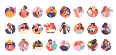 İzole edilmiş Vektör Yuvarlak Simgeleri veya Çizgi Film Karakterleri İçeceklerin Tadını Çıkartan Görseller. İnsanlar içki tutuyor, mutluluk ve rahatlama ifade ediyor, ferahlığı, susuzluğu ve neşeyi vurguluyor.