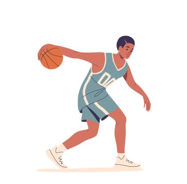 Basketbolcu Dinamik Hareket ve Spor Pozu Yeteneği Gösteriyor. Oyuncu Jersey ve Sneakers giyiyor, top sürme eylemine girişiyor. Vektör Görüntü Takım Sporunun Enerji ve Ruhunu Taşıdı