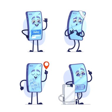 Sevimli Akıllı Telefon Çizgi Filmi Karakterleri Değişik Duygular ve Etkinlikler Gösteriyor. Vektör İllüstrasyonu Mutluluk, Düşüncelilik, Seyrüsefer ve Şarj içeren Eşsiz bir Ruh halini Yakalıyor