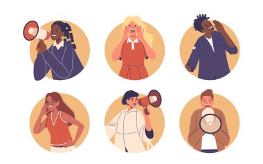 İzole Vektör Yuvarlak Simgeleri veya Çizgi Film Karakterleri ile Görseller İletişim kurmak ve dikkat çekmek için jestler, İletişim, İfade ve Çeşitlilik Fikirlerini Temsil Etmek