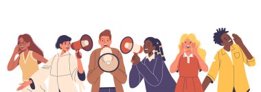 Çeşitli insanlar, iletişim kurmak ve mesajlarını paylaşmak için megafon ve el işaretleri kullanıyor. Çizgi film Vektör Görüntüsü Bağlantı, Çeşitlilik ve ekip çalışmasını eğlenceli ve çekici bir şekilde gözler önüne seriyor