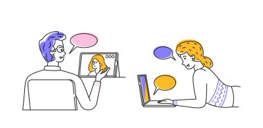 Doodle Karakterleri, Gadget ve Laptop kullanarak Sanal Buluşma 'ya giriyorlar. İllüstrasyon Etkileşme ve Teknoloji, İletişim ve Bağlantının Vurgulanmasıyla Dolu Dijital Bir Konuşmayı Açıklıyor