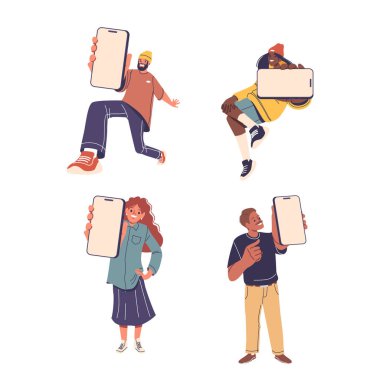 Dört kişi neşe ve coşkuyu ifade eden cep telefonu ekranlarını neşeyle sergiliyor. Çizgi film Vektör İllüstrasyonu Çeşitli Dinamik Pozisyonlar, Gösterim Teknolojisi ve Bağlantıları İçinde Çeşitli Grupları Yakalıyor