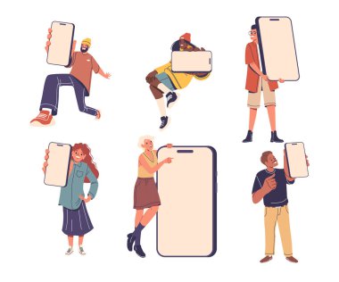 Boş Telefon Ekranlarını Mutlulukla Gösteren Karakterler Grubu. Her Kişi Teknolojiyi Vurguluyor ve Sosyal Bağlantı, İletişim, Reklam ya da Dijital Etkileşim. Çizgi film Vektör İllüstrasyonu