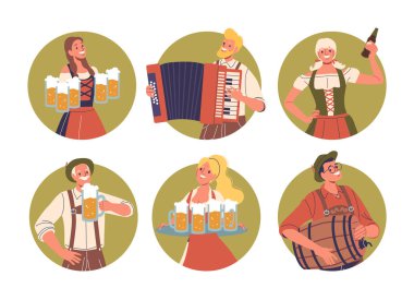 Oktoberfest 'i Kutlayan Geleneksel Alman Kostümlerinde İzole Vektör Yuvarlak Simgeleri veya Çizgi Karakterleriyle Görseller. Her insanda ya bira bardağı, ya akordiyon, ya fıçı ya da bira şişesi vardır.