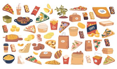 Çeşitli atıştırmalıklar, pizza dilimleri, burgerler, patates kızartmaları ve tatlılardan oluşan yemek malzemeleri koleksiyonu. Fast food, abur cubur ve yemek ile ilgili konular için nefis bir ziyafet.