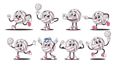 Çeşitli pozlar ve ifadeler içeren bir dizi voleybol karakteri. Retro Style Ball 'un oyuncu yüz ifadeleri ve hareketli uzuvları Dinamik Etkinliklere Bağlı Vektör ResimleriName