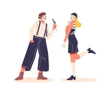 Antika giyinmiş pandomimci sürpriz ve zevkle tepki veren oyuncu bir arkadaşına tek bir kırmızı gül sunar. Çizgi film Vektörü Kaprisli Sahne Romantizmi ve Neşeyi Bir Mizah Dokunuşuyla Hatırlıyor