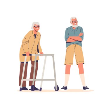 Biri yürüteç kullanan yaşlı çift karakterleri ve diğeri de kollarını çaprazlayarak beyaz arka planda kıdemli etkileşimi ve ifadesini temsil ediyor. Çizgi film İnsanları Vektör İllüstrasyonu
