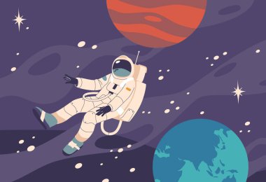 Uzay keşfi ve kozmik maceranın özünü yakalayan renkli gezegenler ve yıldızlarla çevrili uzayın enginliğinde süzülen astronot karakterleri. Çizgi film İnsanları Vektör İllüstrasyonu